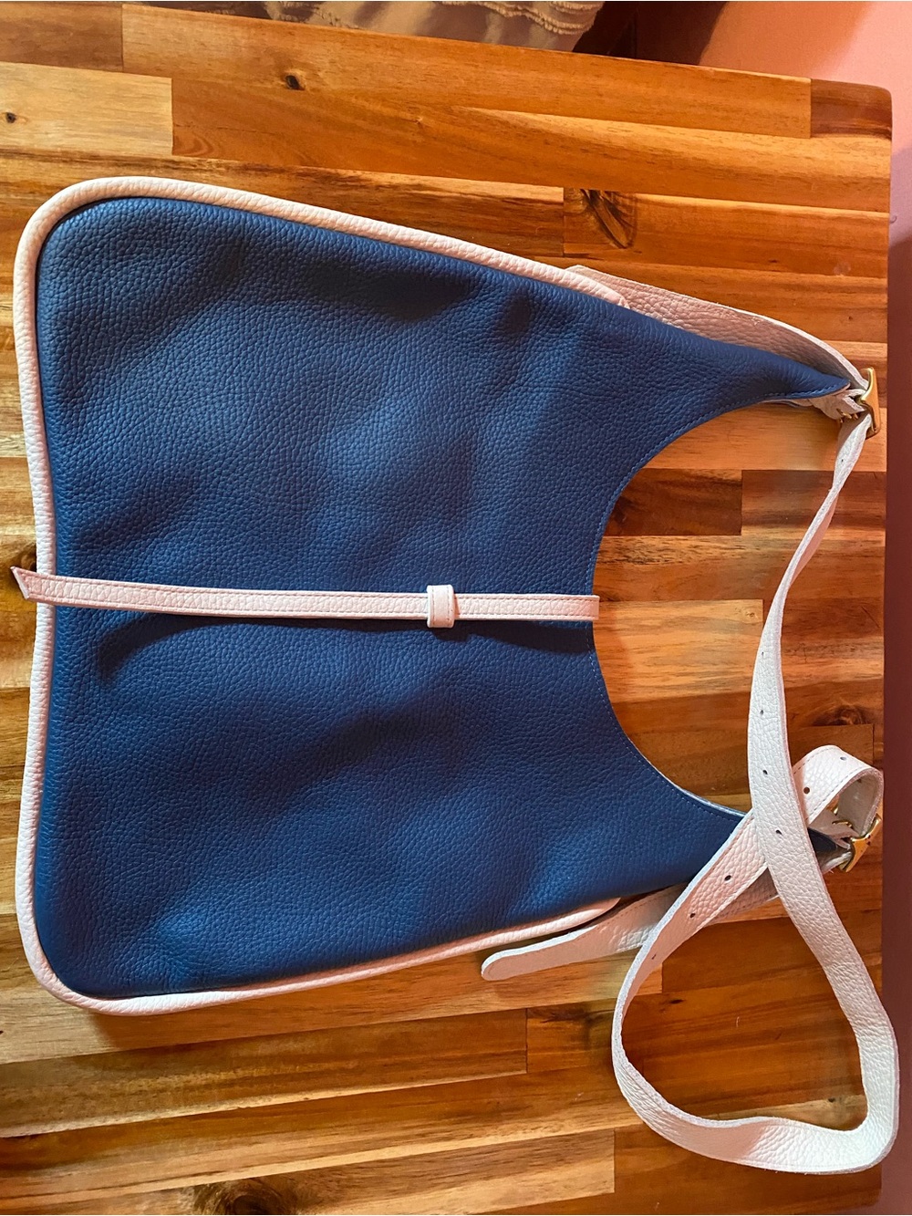 Navy Shoulder Bag with Cream Trim and Adjustable Strap